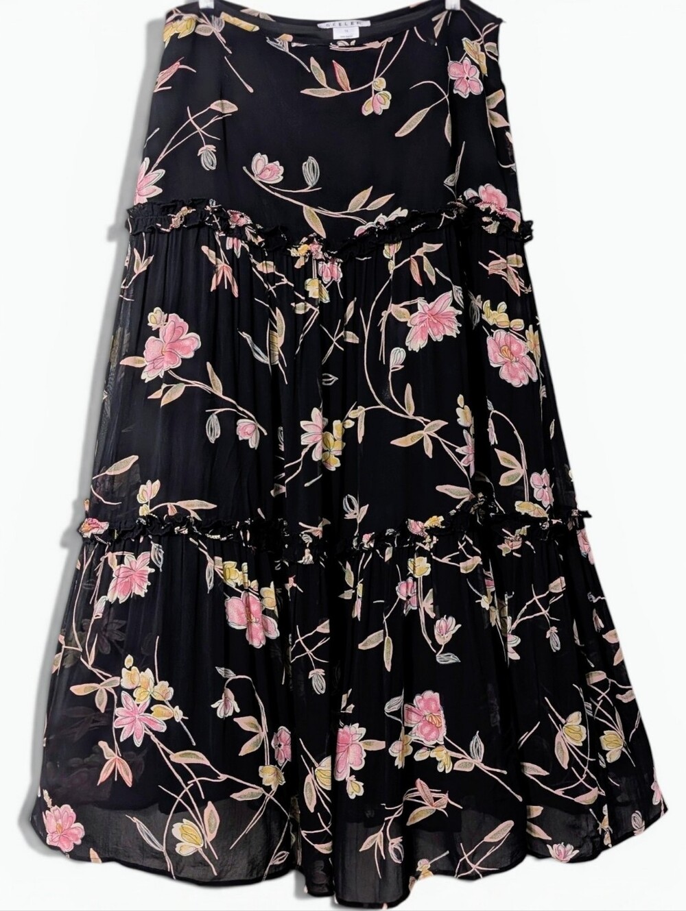 Seeler Women's Chiffon Sheer Floral Midi Maxi Skirt Size 16 Tiered Full Flowy